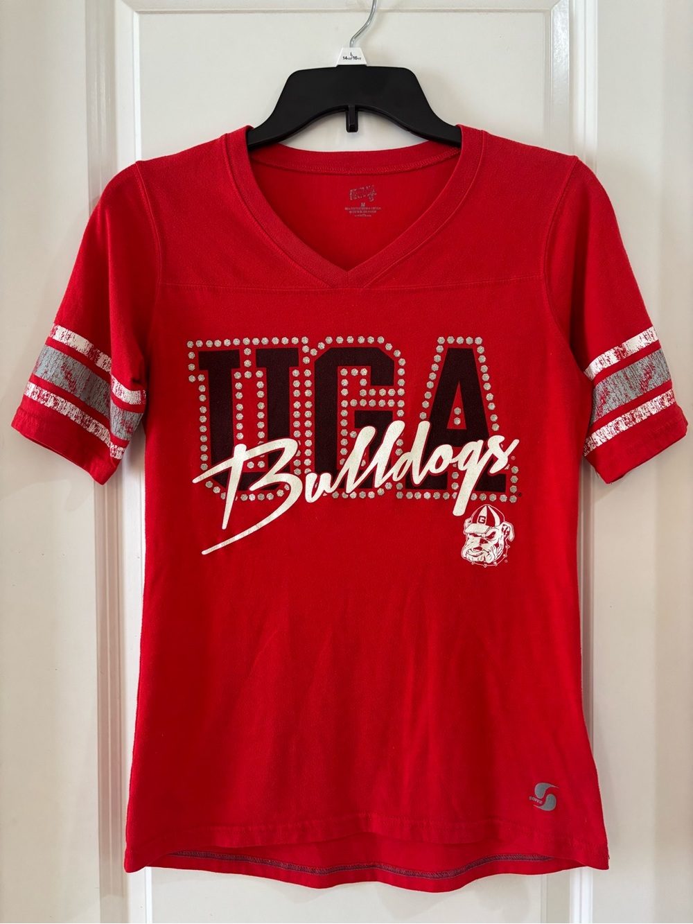 Soffe UGA Bulldogs Rhinestone V-Neck Striped Sleeve T-Shirt Women's Medium Red